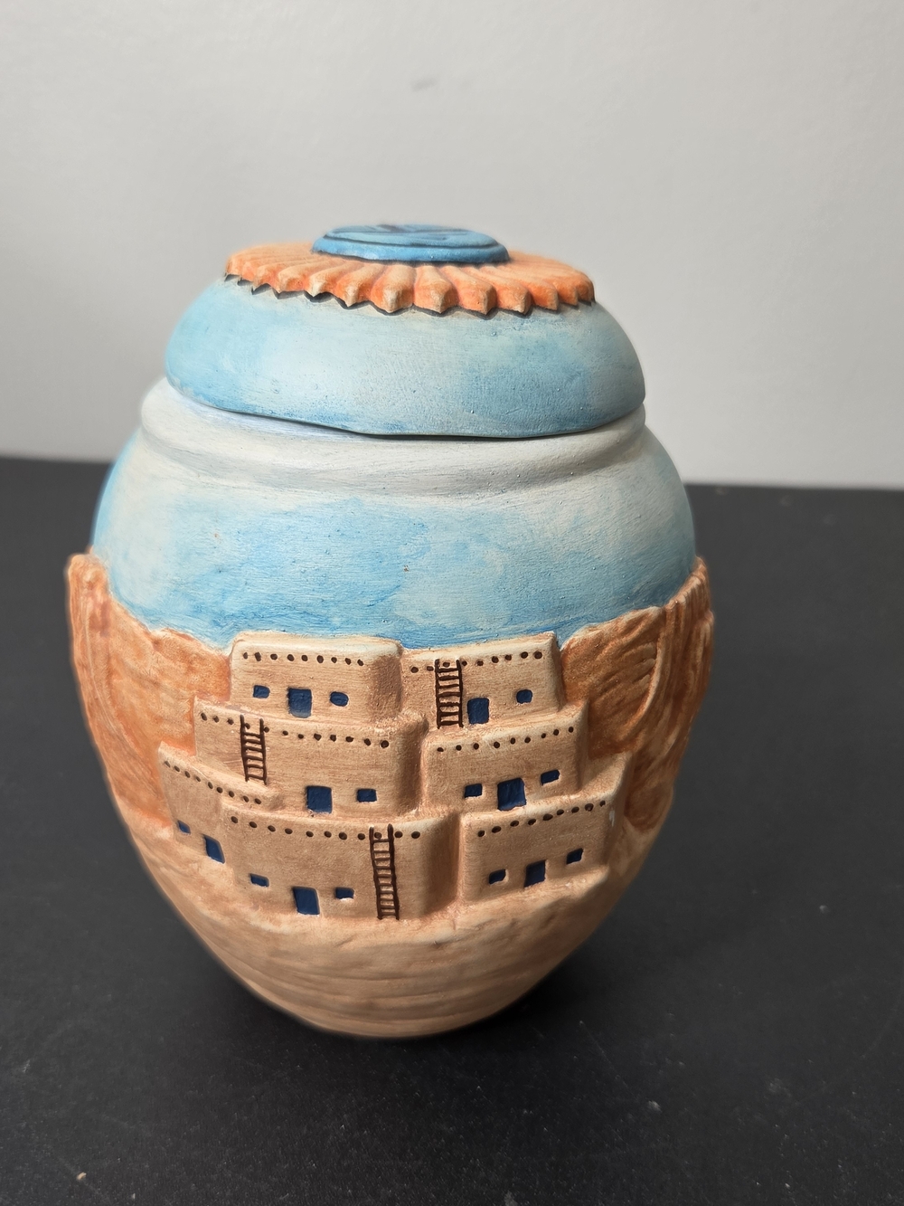 Studio Art Handcrafted Pueblo Design Ceramic Jar With Lid - Blue & Tan